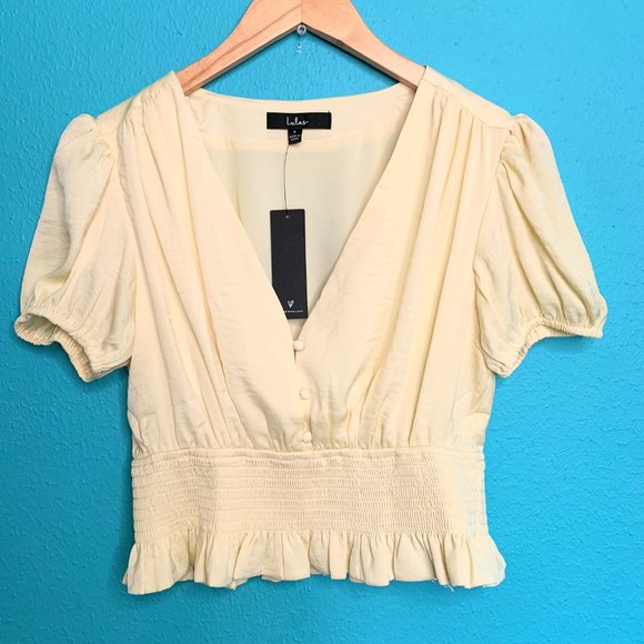 NWT Lulus Bring the Style Light Yellow Puff Sleeve Peplum Crop Top - Picture 3 of 11